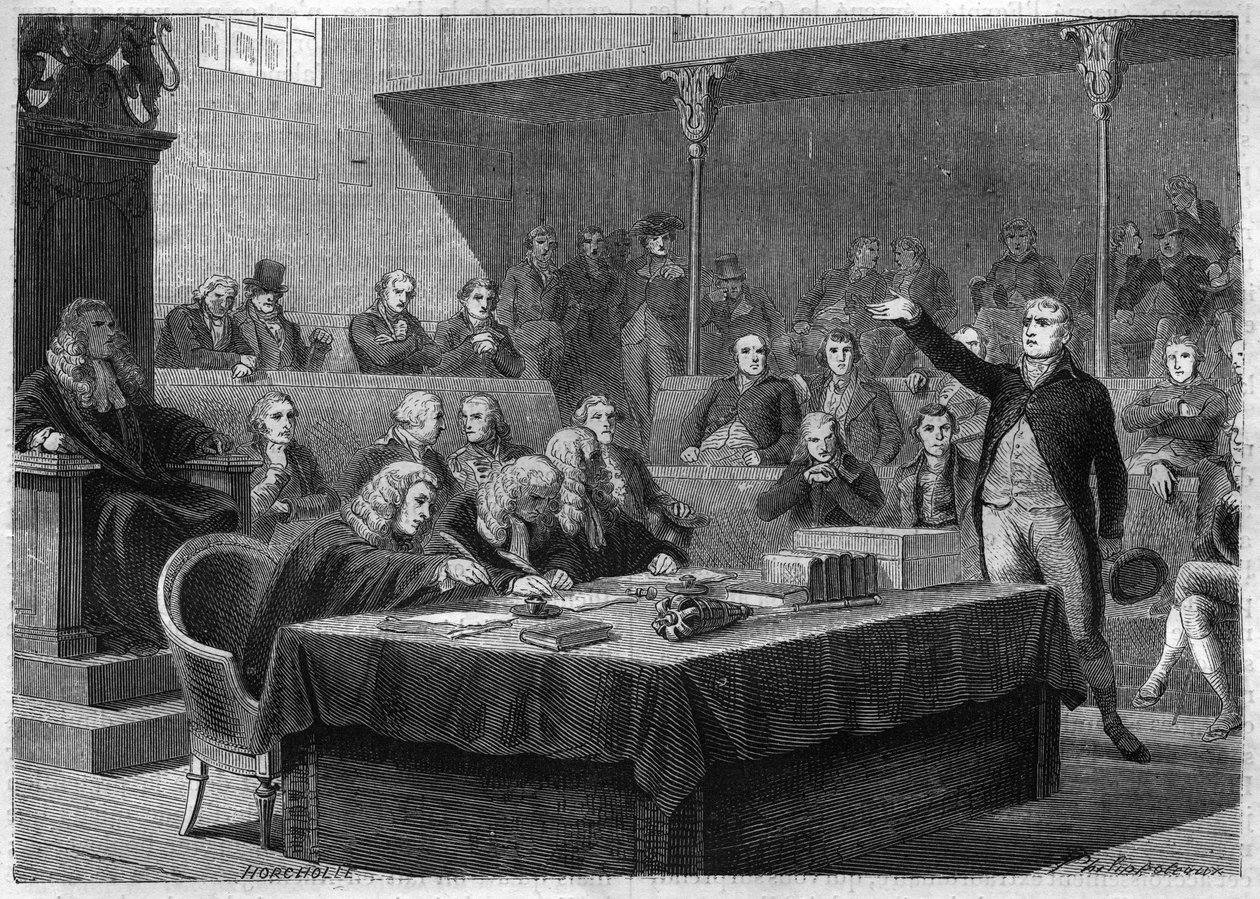 Depute Foxin puhe Englannin parlamentille Ranskan hyökkäyksestä Sveitsiin, marraskuu 1802 - Louis Adolphe Thiersin kaiverrus "Histoire du Consulate et de l