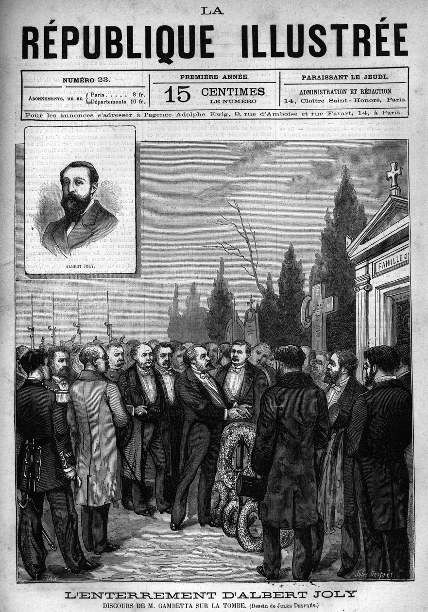 Leon Gambettan (1838-1882) puhe varajäsen Albert Jolyn (1844-1880) hautaamisessa Versaillesin hautausmaalla. Sanomalehti. Kaiverrus vuodelta 1880 "La republique illustree" -yksityiskokoelmassa. tekijältä French School