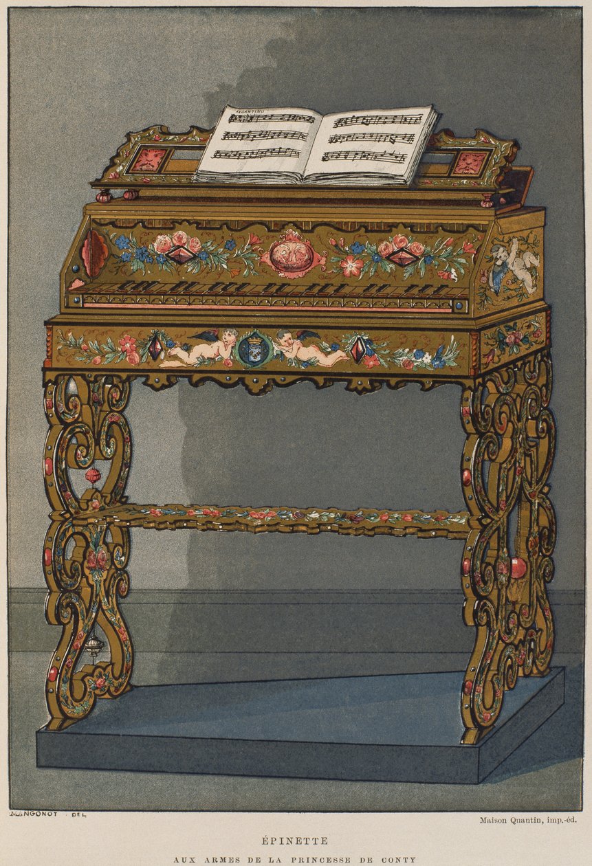 Spinetti Contin prinsessan vaakunalla, kuvitus Henry Havardin Dictionnaire de lameublement et de la decoration, osa 2, levy 26, Paris, Maison Quantin, 1878 (väri litho) tekijältä French School