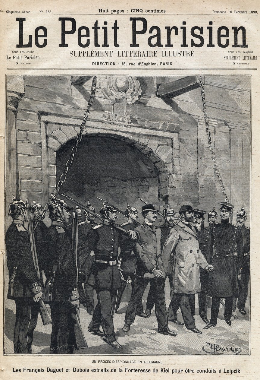 Vakoojaoikeudenkäynti Saksassa: ranskalaiset Daguet ja Dubois vietiin Kielin linnoituksesta Leipzigiin. Yksi sanomalehdestä "Le petit Parisien" 12.10.1893 (kaiverrus) tekijältä French School