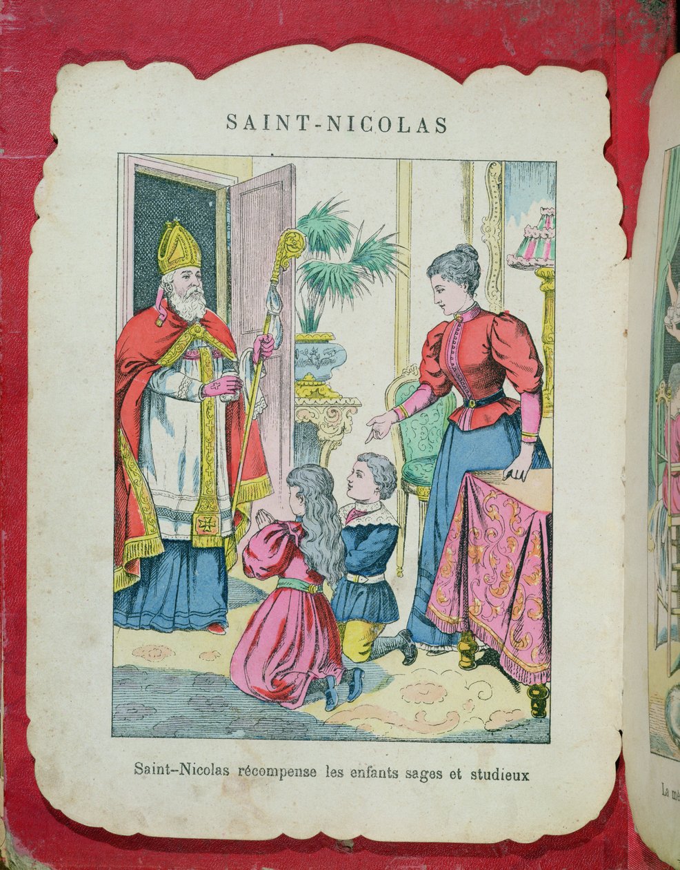 Pyhä Nikolaus vierailee hyvin käyttäytyvien ja ahkerien lasten luona, n. 1880 tekijältä French School