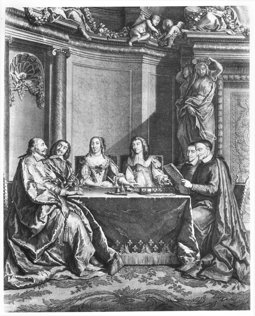 St. Vincent de Paul (1581-1660) ja kardinaali Jules Mazarin (1602-61) Ludvig XIV:n Conseil de Consciencessa (1638-1715) Gerard Scotinin (1643-1715) kaiverruksella n. 1660 tekijältä French School