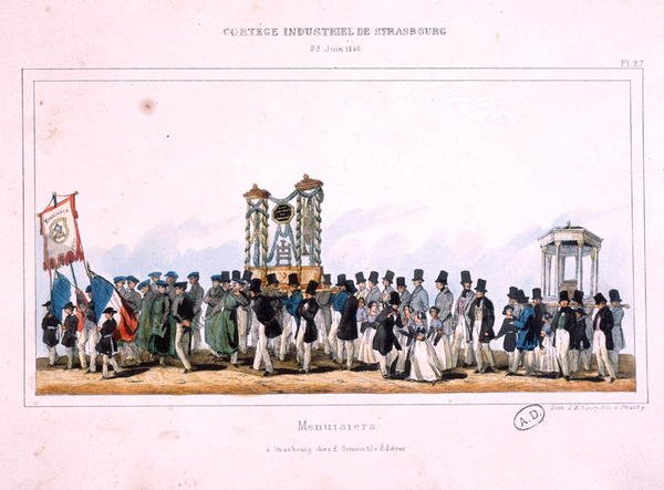 Puuseppien kulkueen alku Strasbourgissa 25. kesäkuuta 1840 (värilitografia). tekijältä French School