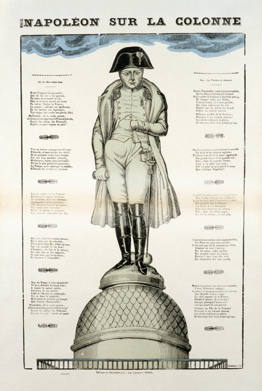 Napoleon I Bonaparten (1769-1821) patsas Vendome-pylväällä Pariisissa. Kuva Epinalista tekijältä French School