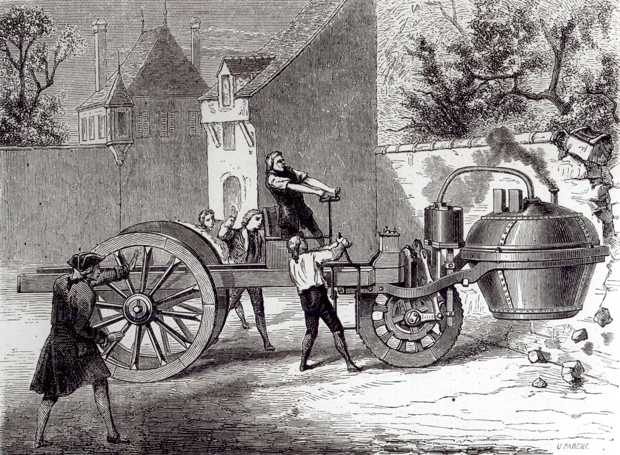 Höyrykäyttöinen auto, jonka keksi Nicolas Joseph Cugnot (1725-1804) vuonna 1771, 1886 tekijältä French School