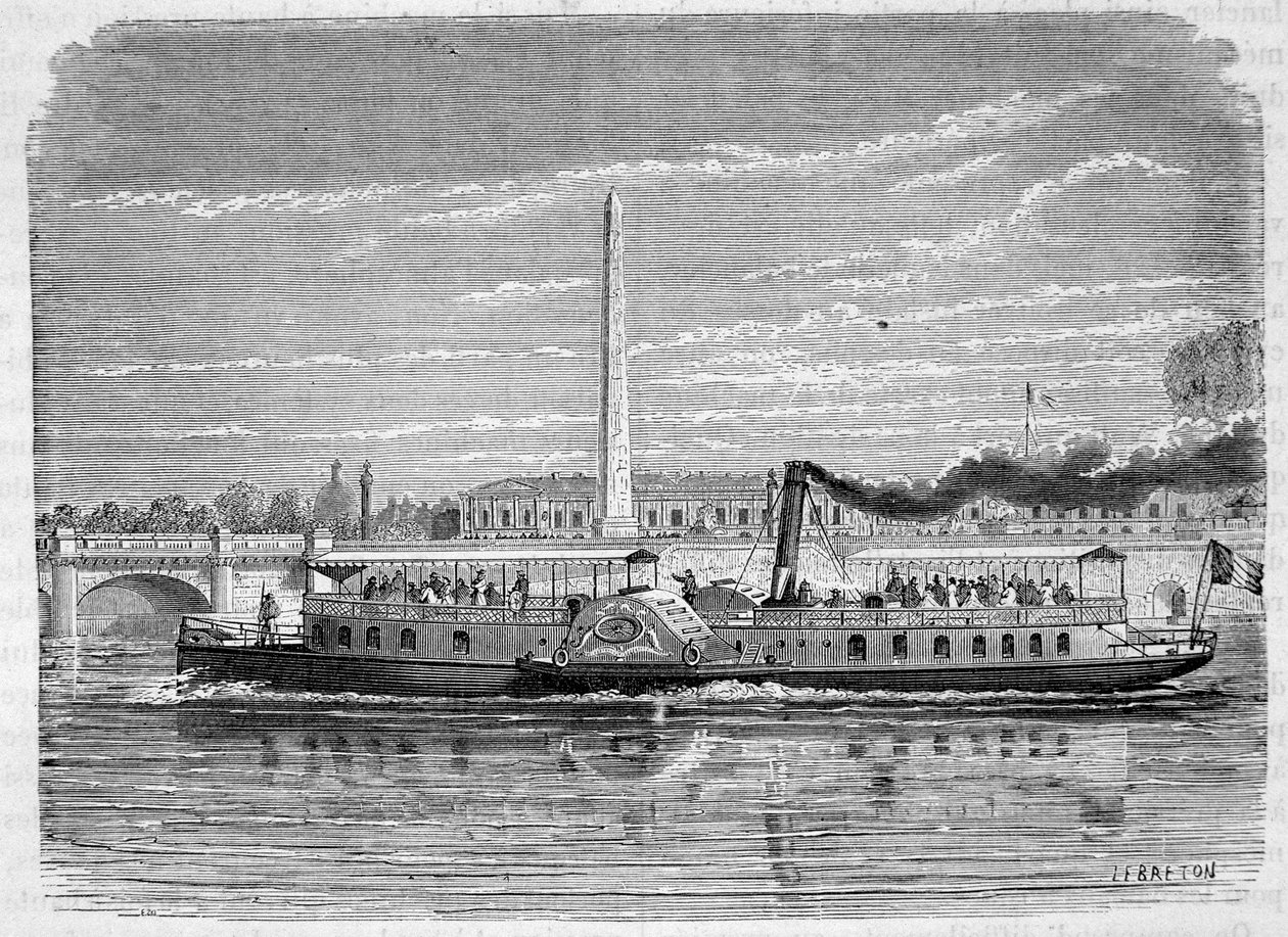 Höyryvene (pyörällinen), joka oli tarkoitettu omnibus-palveluun Seine-joella Pariisissa vuoden 1867 maailmannäyttelyn aikana - kaiverrus, 1800-luvun loppu tekijältä French School