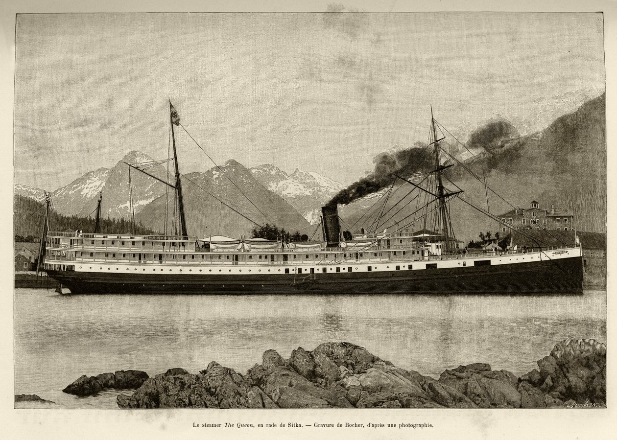 Steamer The Queen, Sitkan satamassa (Alaska, USA). Bocherin kaiverrus, vuonna 1890, Le tour du monde, nouveau journal des voyages, toimittanut Edouard Charton (1807-1890), 2. lukukausi 1891, painos Hachette, Pariisi. tekijältä French School