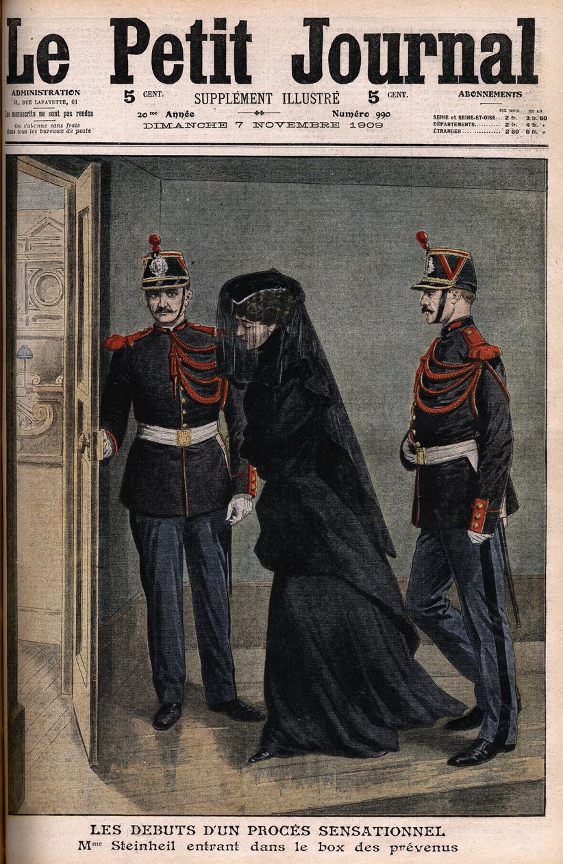 Steinheil-tapaus: Marguerite Steinheil (1869-1954) astumassa vastaajien laatikkoon - Le Petit Journal, 7. marraskuuta tekijältä French School