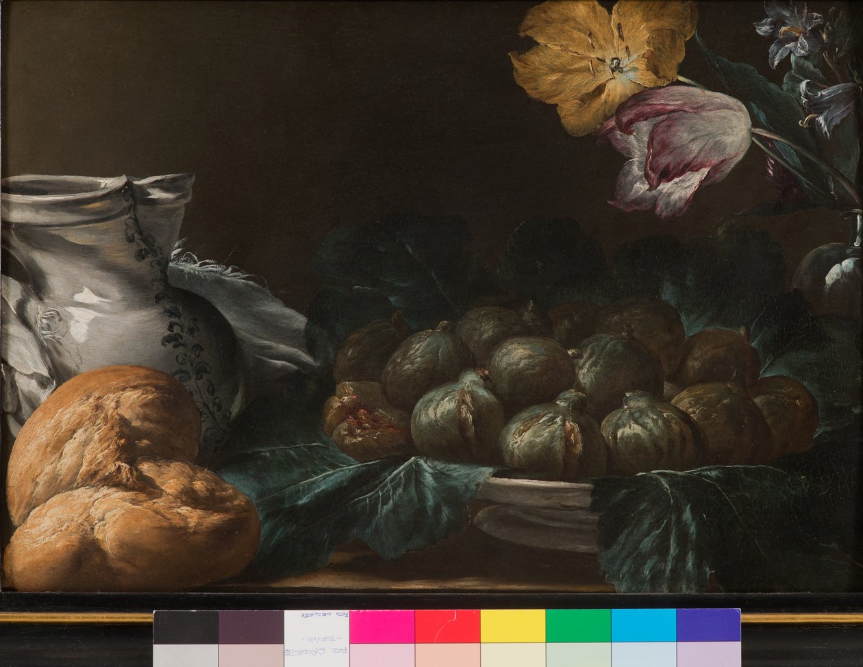 Asetelma viikunalautasella, kannu, kukkia ja leipää, 1740-50 tekijältä French School