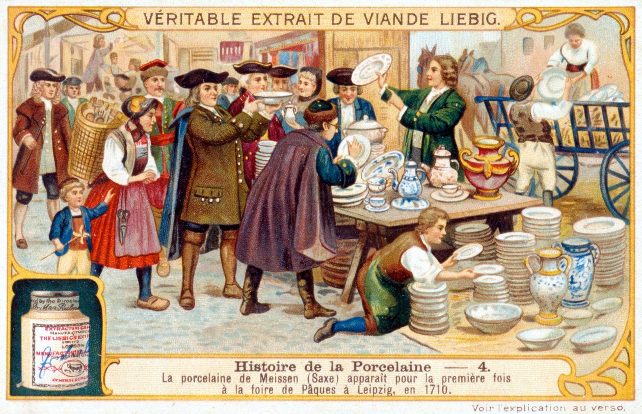Posliinin tarina nro 4: Meissenin posliinia (Saksinmaa) esiteltiin ensimmäisen kerran Leipzigin pääsiäismessuilla vuonna 1710. Liebigin kromolitografia tekijältä French School