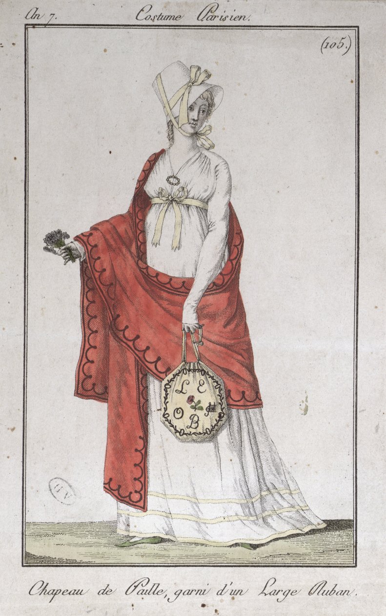 Olkihattu nauhalla, muotilautanen Costumes Parisiensilta, 1799 tekijältä French School