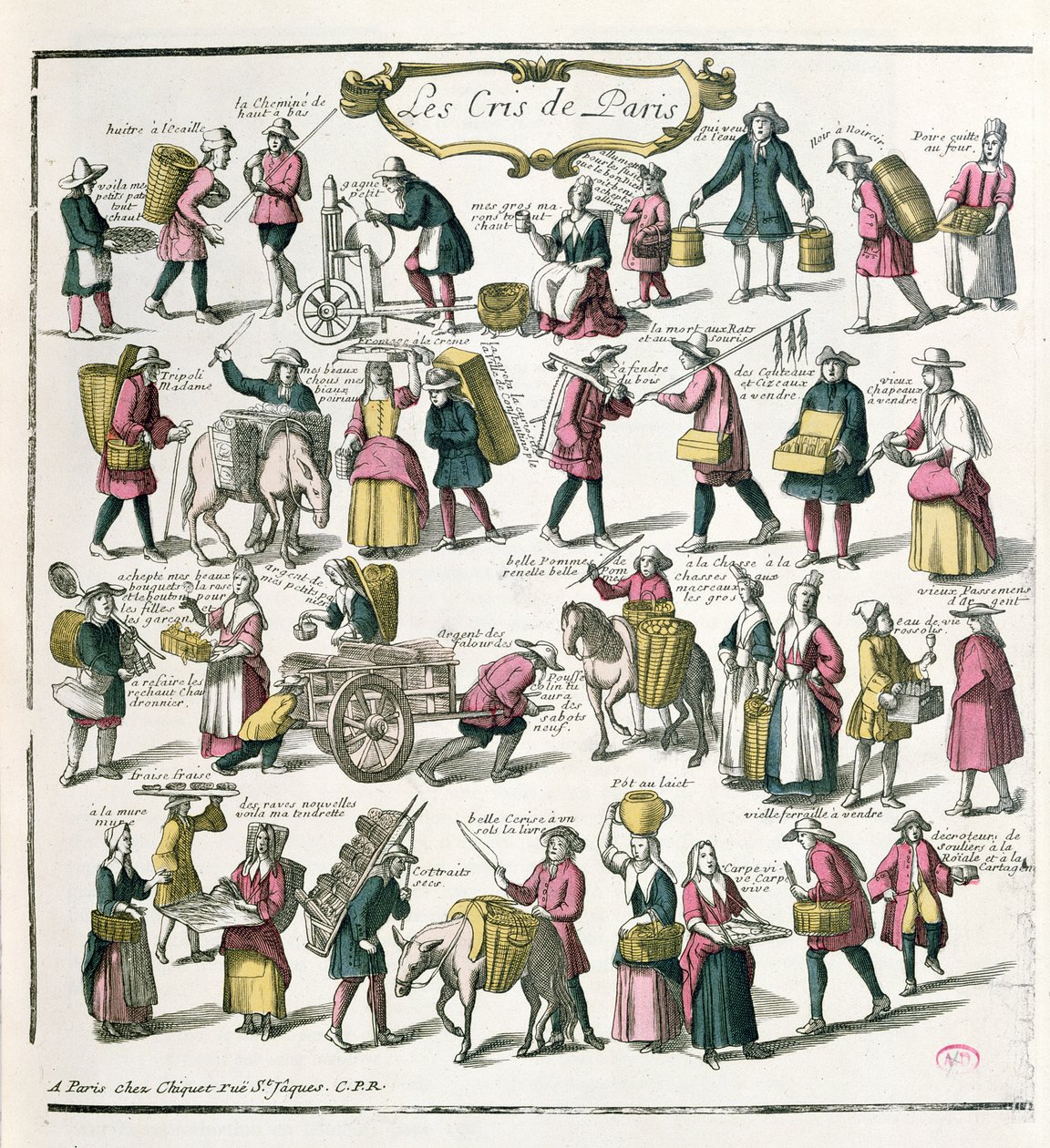 Katukauppiaat Pariisissa, 1600-luvun loppu (värikaiverrus) tekijältä French School