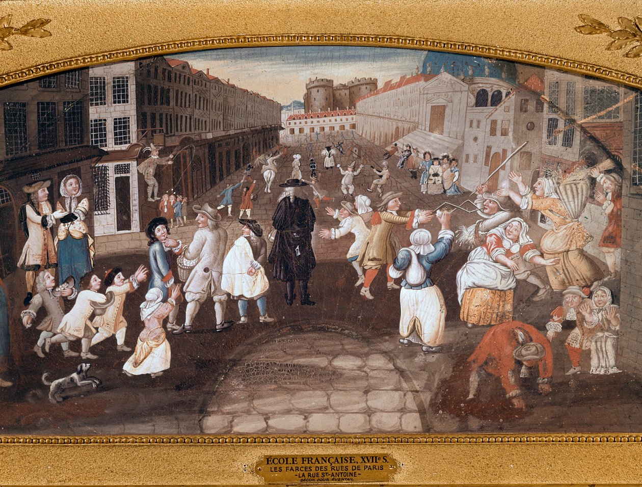 Katuviihdyttäjiä Rue St Antoine -kadulla, Pariisissa (maalaus tekijältä French School