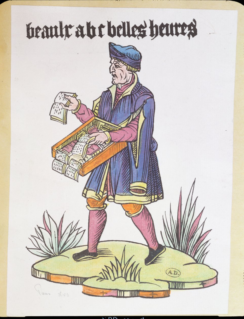 Katukauppias myy aakkospohjakuvia ja kirjoja, Cris de Paris, n. 1515 (värillinen puukaiverrus) tekijältä French School