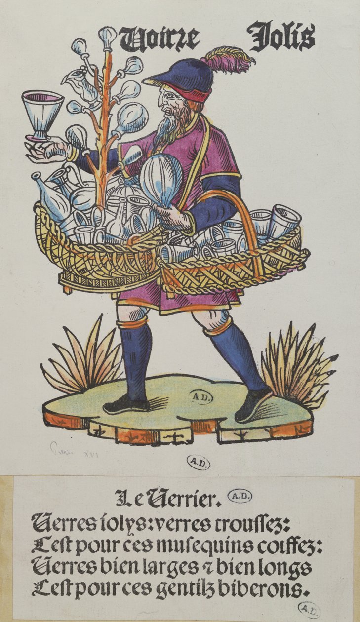 Katukauppias myy lasiesineitä Cris de Parisista, n. 1515 (värillinen puukaiverrus) tekijältä French School