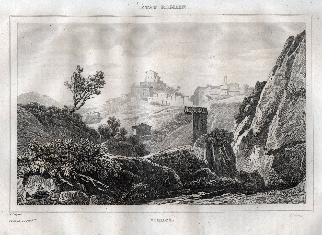 Subiaco Lazio Rooman metropolikaupungissa - Kaiverrus "" Maalauksellisesta Italiasta"", M. de Norvins, Ch. Nodier 1834-1836. tekijältä French School