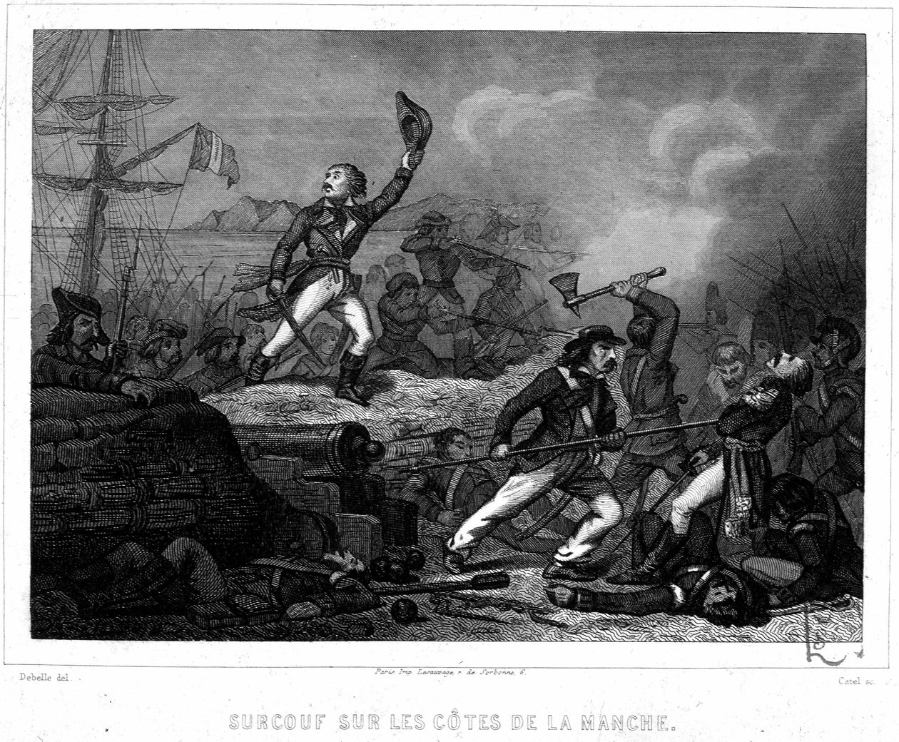 Surcouf kanaalin rannikolla - P. Christionin teoksessa "History of the Pirates and Corsairs of the Ocean and the Välimeren", Paris, D. Cavaillés, toim. tekijältä French School
