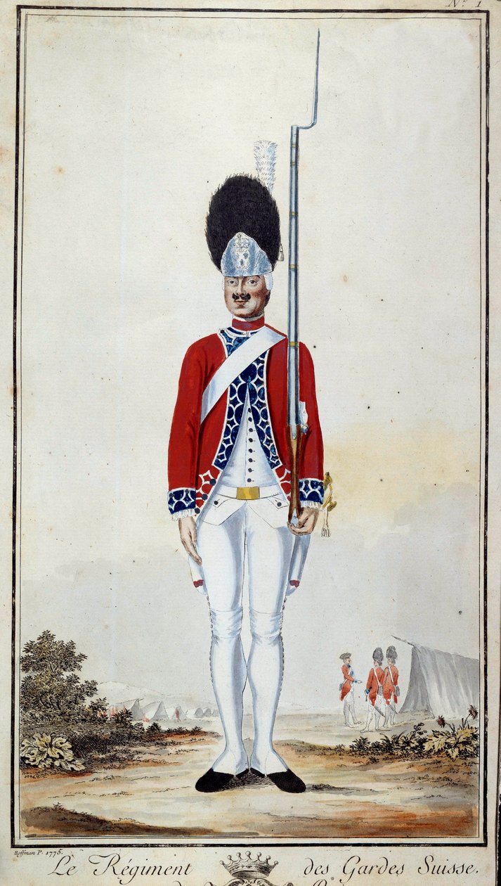 SwissGuard. Kilpi 16 ""Kohde Ludvig XVI:n johtaman ranskalaisten joukkojen sotilaspukuista"" Litografia vuodelta 1779. Mitat 0,23x0,16 m. Pariisi, armeijamuseo tekijältä French School