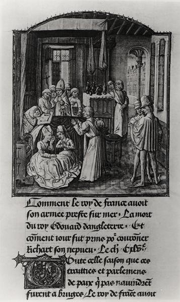 T.2 Fol.111 Englannin kuninkaan Edward III:n kuolema Shenen linnassa, Froissartin aikakirjasta, 1400-luvun loppupuoli (pergamentti) (s/w valokuva). tekijältä French School