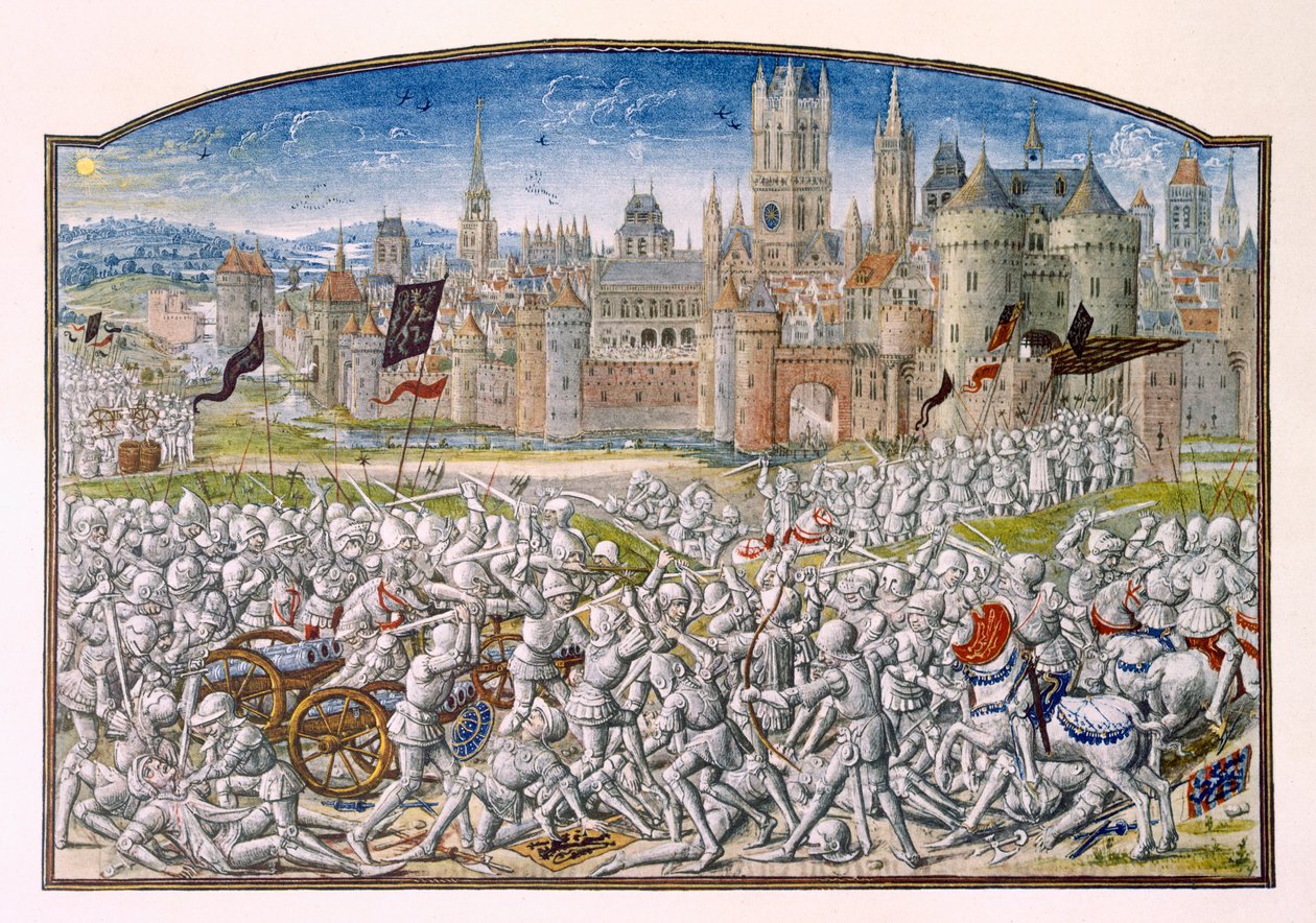 T.2 fol.287 Philipp van Artevelden johtamien Gentin asukkaiden voitto ennen Bruggetta vuonna 1381, Froissarts Chroniclesta, 1472 tekijältä French School