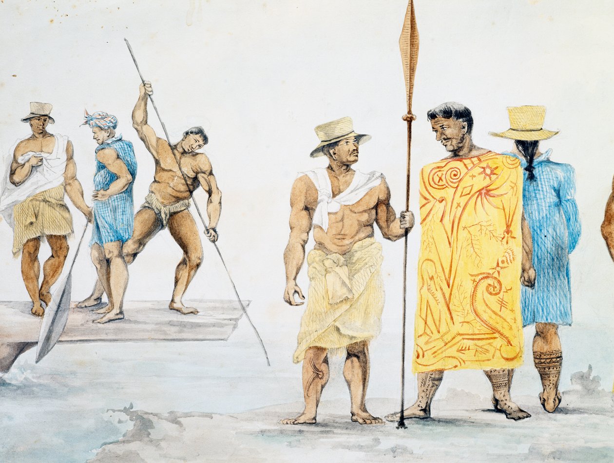 Tahitilaiset päälliköt nousevat Coquilleen, suunnitteli Jules-Louis Lejeune, pohjautuu matkaan maailman ympäri tekijältä French School