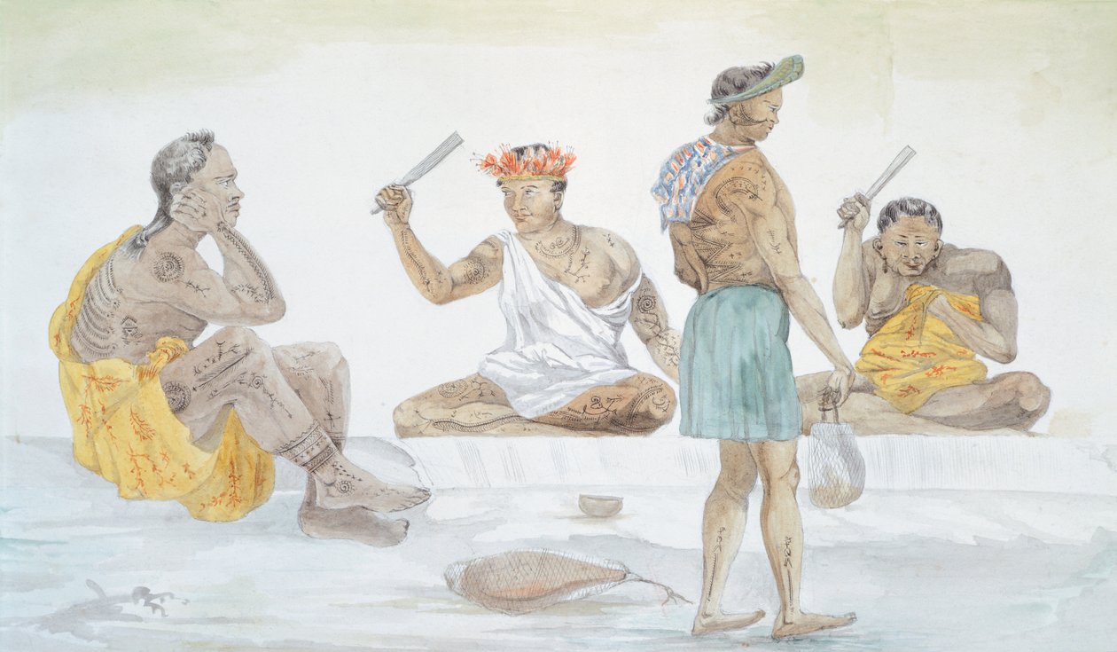 Tahitilaiset kankaanhakkaajat, LF Lejeune Louis I Duperreyn matkasta (1822-1825), Polynesia 19. vuosisata Vesiväri tekijältä French School