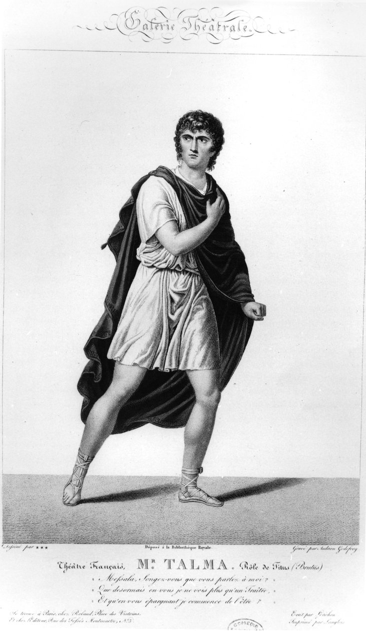 Talma roomalaisessa puvussa Tituksena Voltairesin tragedian Brutus, 1812 tuotannossa Pariisissa vuonna 1793 tekijältä French School