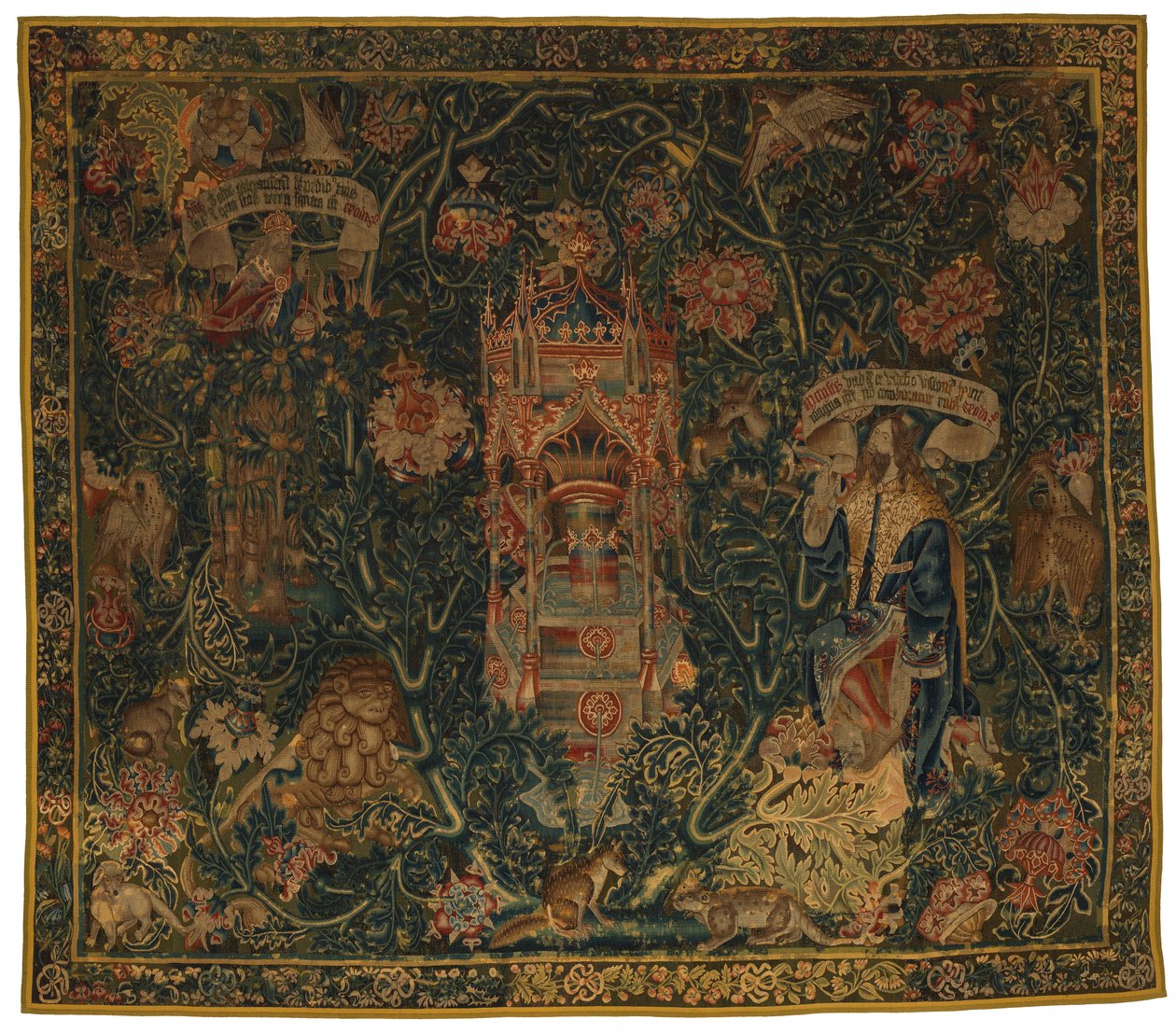 Tapestry, Jumala, Isä ilmestyy Moosekselle (yksi kuudesta Sibylistä, jotka sisältävät 46.134-46.139), nimeltään "Rothamsted Tapestries", valmistettu Flanderissa, Tourneissa tai Brysselissä, Belgiassa, noin 1530 (villa) tekijältä French School
