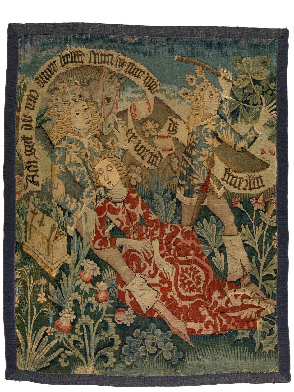 Kuvakudos, joka kuvaa kahta kohtausta Der Busantin "Härra" -elokuvasta, Alsace, n. 1475-1500 (villa-, silkki- ja metallilangat) tekijältä French School