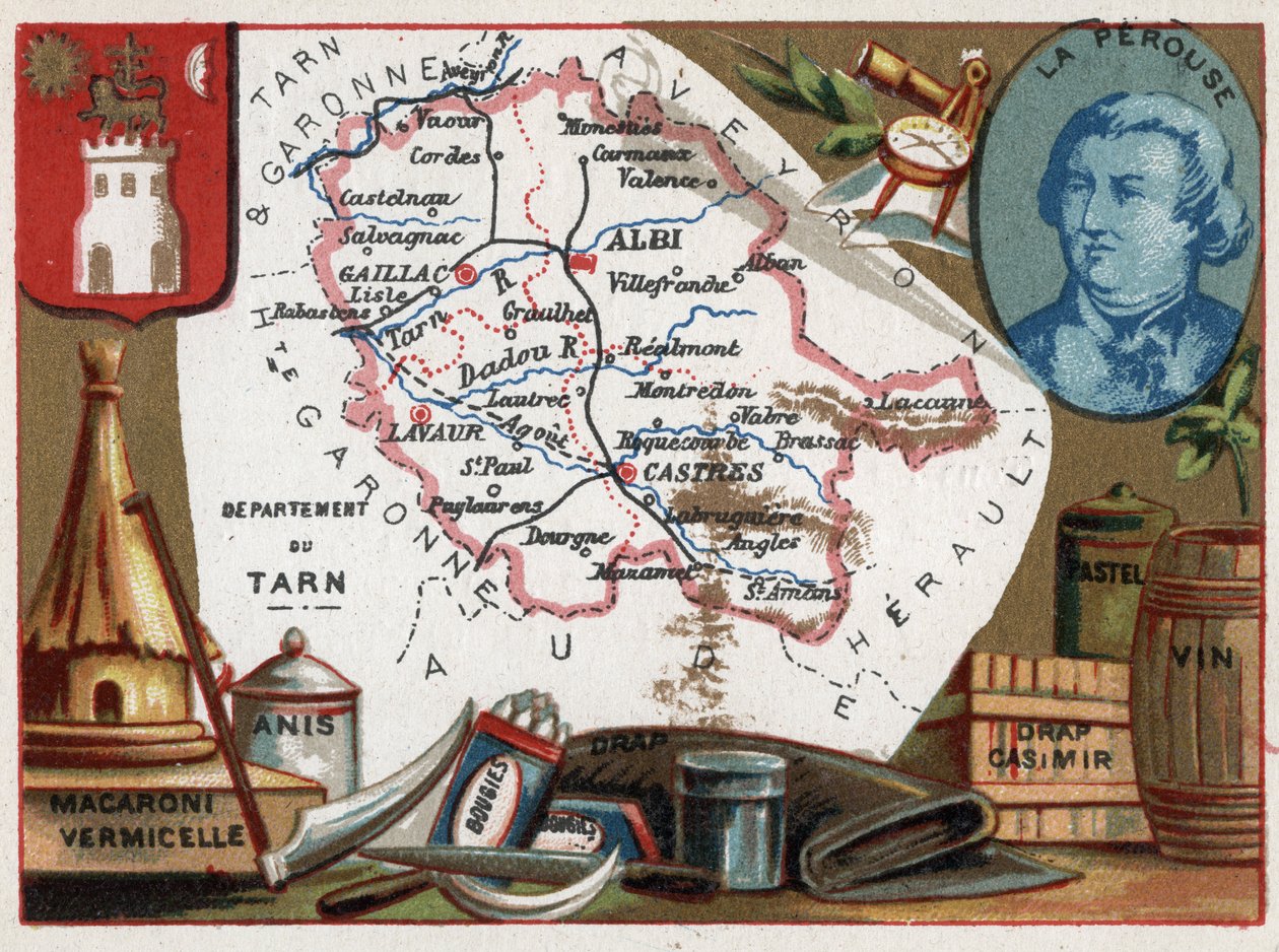 Tarn (81), Midi Pyrenees (Midi-Pyrenees), Ranska. Makaroni ja vermiselli, anis, kynttilät, vuodevaatteet, pastelli ja viini. Jean Francois de Galaupin, La Perousen kreivin (1741-?), merivoimien upseerin muotokuva. Sarja Ranskan departementeista. Kromolitog tekijältä French School