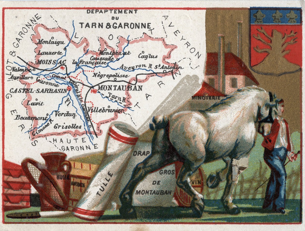 Tarn et Garonne (82), Keski-Pyreneet, Ranska. Paikallinen erikoisuus: öljy, tärkkelys, tylli, tukku Montauban-levy, viini- ja jauhomylly. Sarja Ranskan departementeista. Kromolitografia (Chromo) "" maantieteellinen lanka", cir tekijältä French School