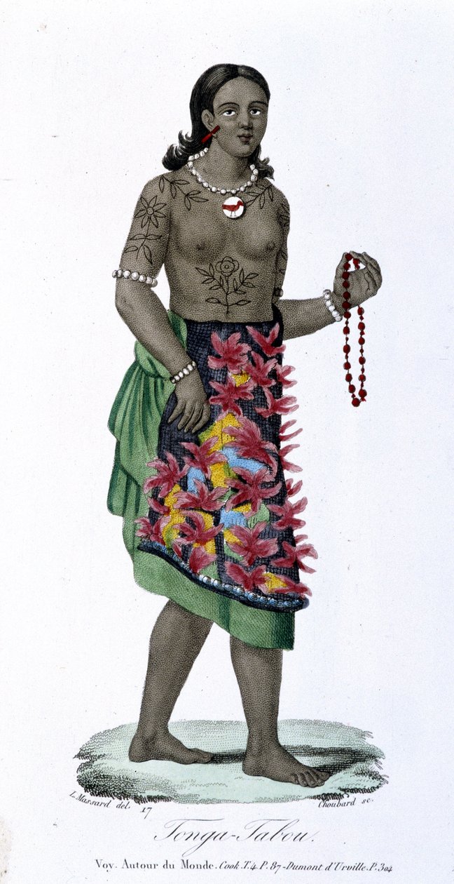 Tatuoitu nainen Tonga-Tabousta - Albert-Montémontin "Bibliotheque Universelle des Voyages" -kirjassa, toim. Armand-Aubrée, osa 17 tekijältä French School