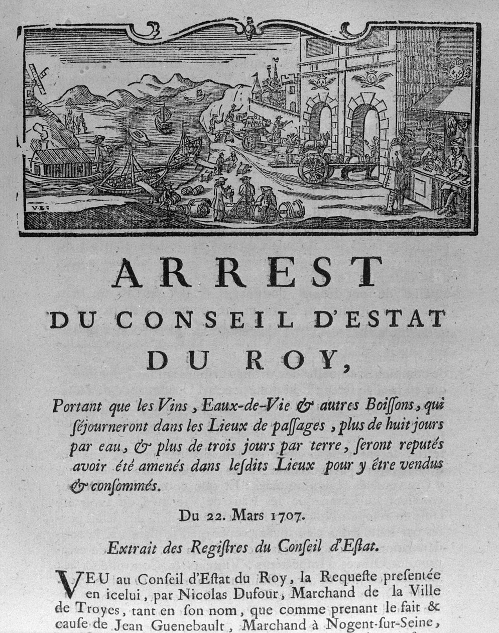 Viinien ja väkevien alkoholijuomien kaupungin sisäänkäynnin verotoimisto, valtioneuvoston asetus 22. maaliskuuta 1707, Pariisin valtioneuvoston rekistereistä, 1739 (katso 163952 tekijältä French School
