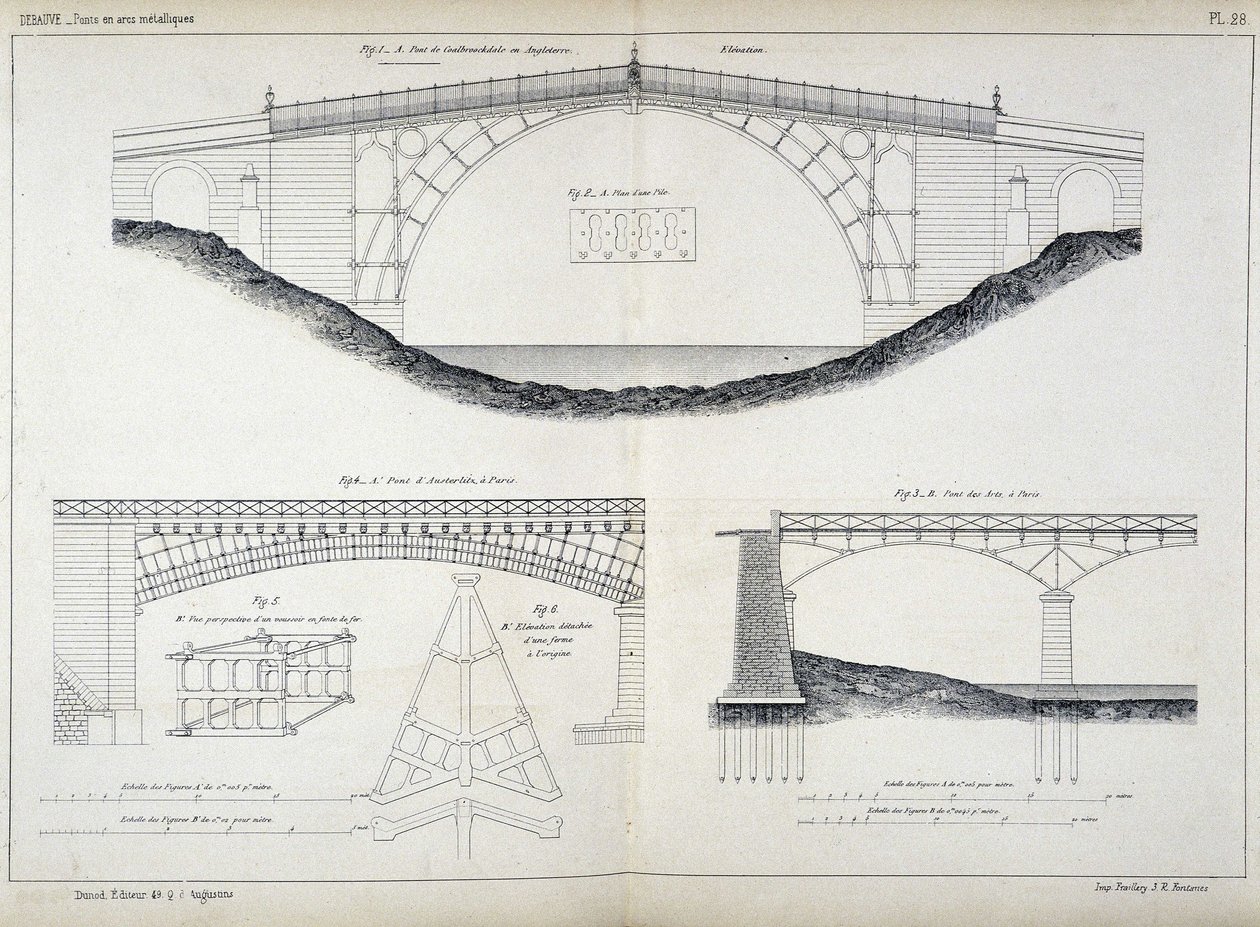 Tekniset piirustukset Ironbridgen silloista Coalbrookdalessa (1779, Englanti), Austerlitzissä ja Artsissa Pariisissa, otettu Debauren teoksesta "Manuel de l
