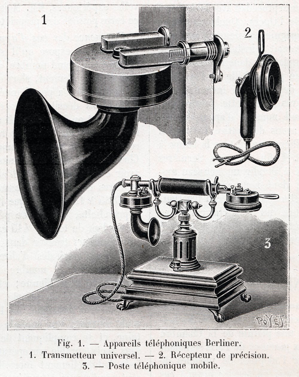Puhelinlaite - Berliner System - kaiverrus "" La nature"" vuodelta 1902 tekijältä French School