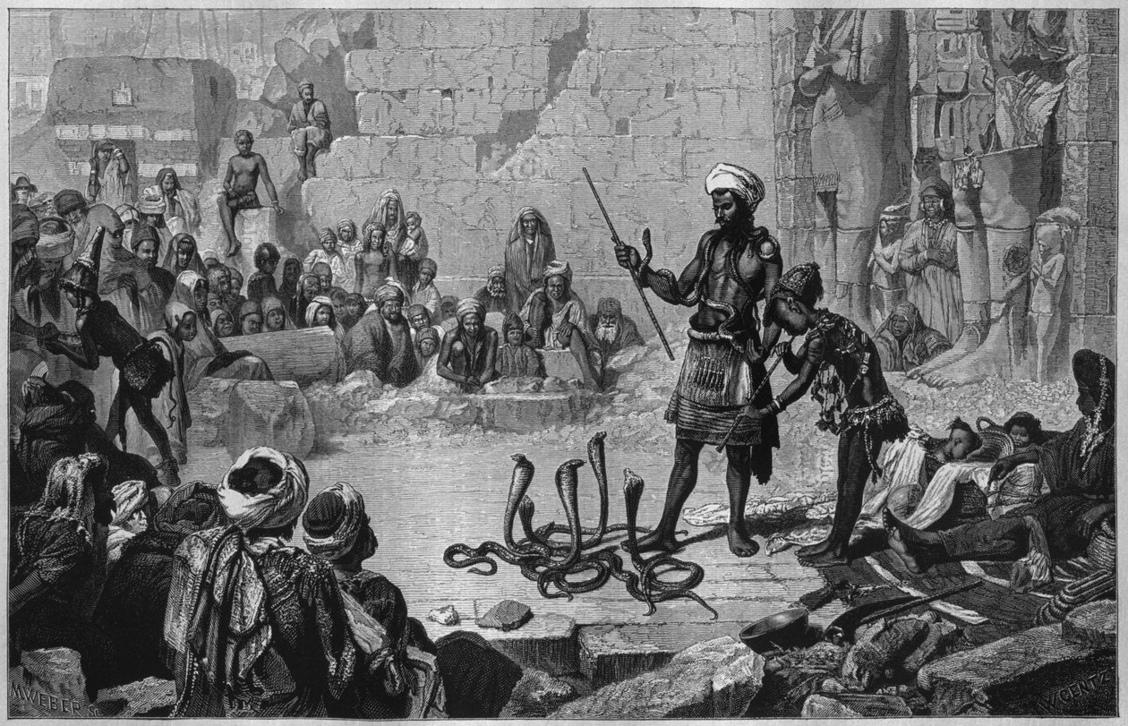 Medinet Abu temppeli. Käärmeen hurmaajia, Georg Moritz Ebersin LEgypte (1837-98), 1881 (bw-kaiverrus) tekijältä French School