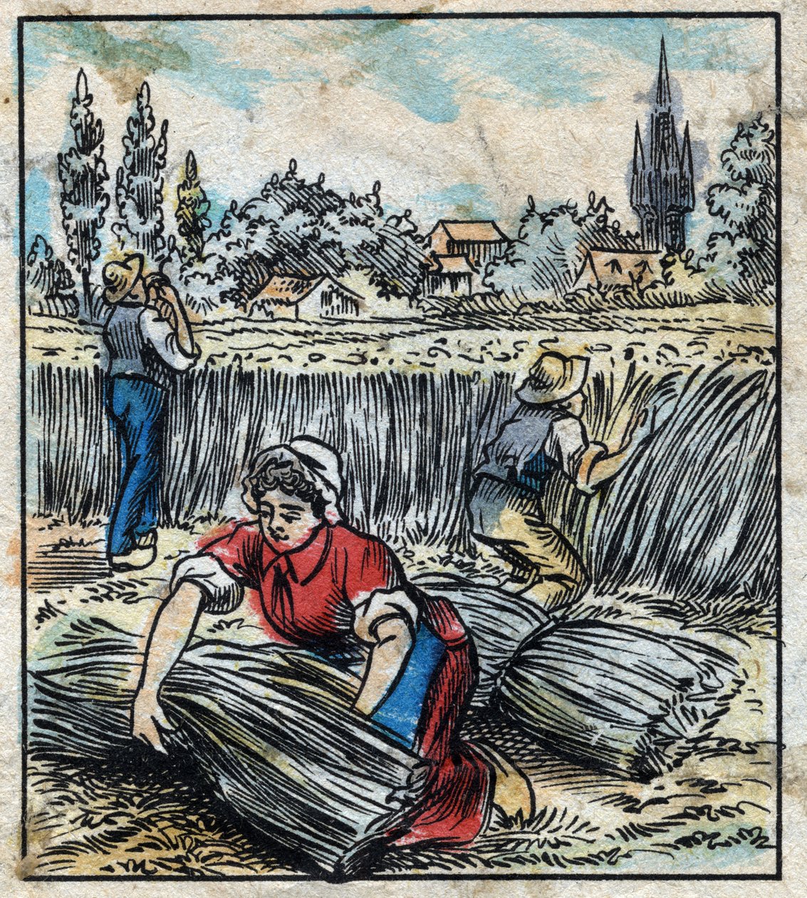 Tekstiilit, pellava: maatalous. Kerää liinavaatteet, jotka kootaan saappaan kuiviksi. Kaiverrus. Epinaalinen kuvantaminen 1800-luvun lopulla. tekijältä French School