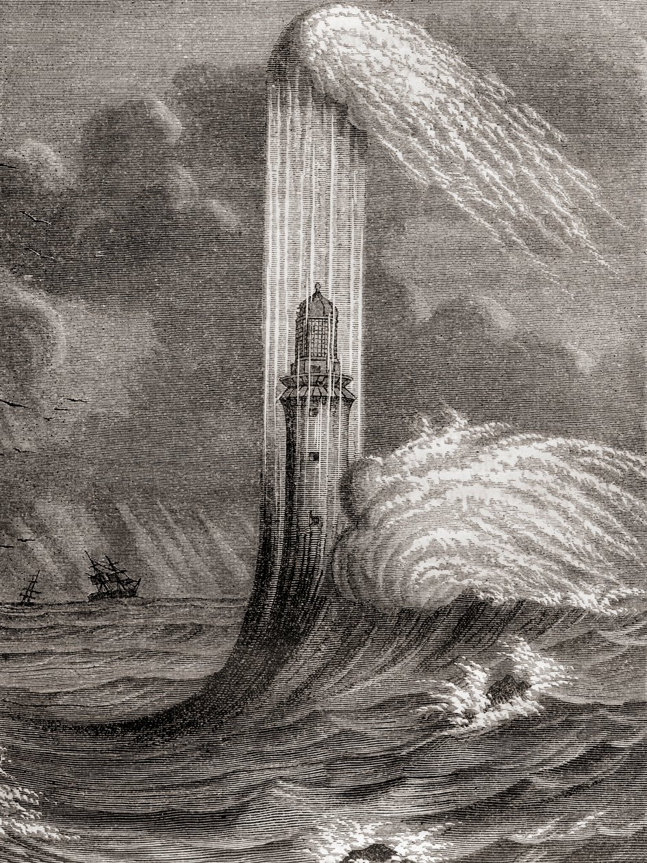 John Rudyardin rakentama 1700-luvun Eddystonen majakka, Eddystone Rocksissa lähellä Rame Headia, Englannissa, Les Merveilles de la Science -julkaisusta, julkaistu n. 1870 (kaiverrus) tekijältä French School