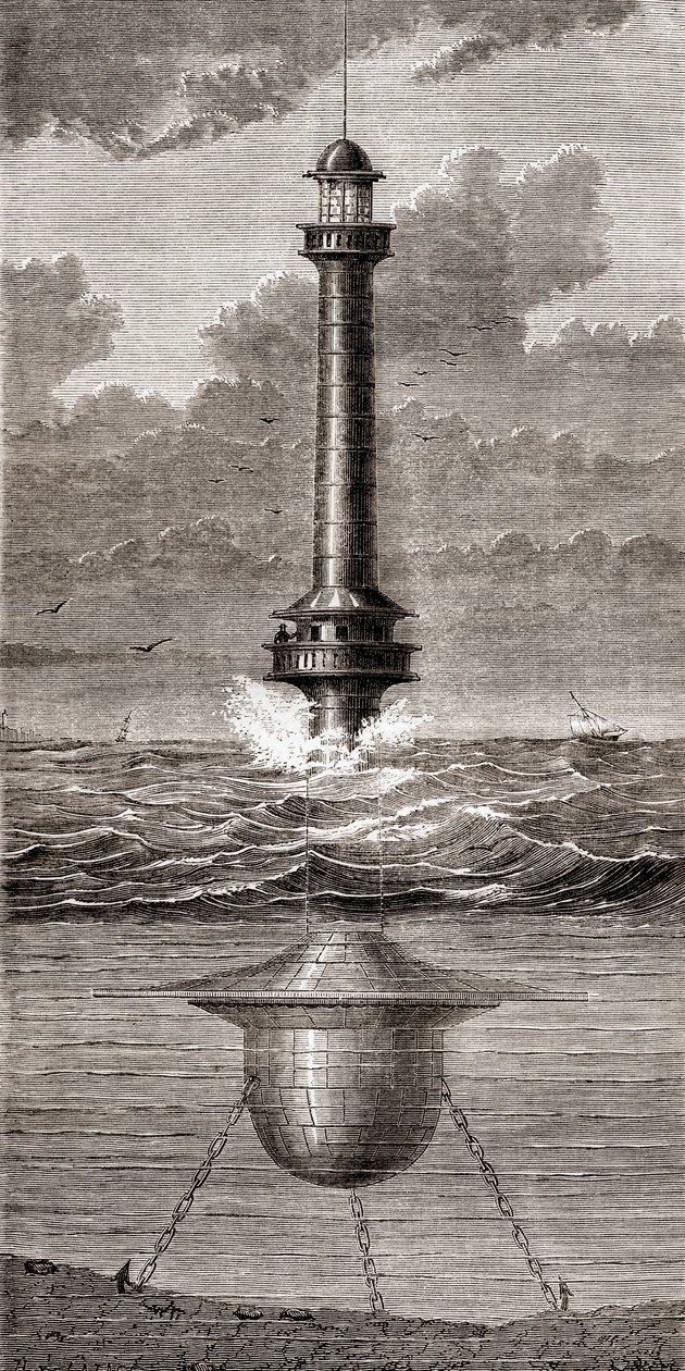 1800-luvun kelluva majakka, joka on sijoitettu Englannin Liverpoolin sataman sisäänkäynnille, julkaisusta "Les Merveilles de la Science", julkaistu noin 1870 (kaiverrus) tekijältä French School