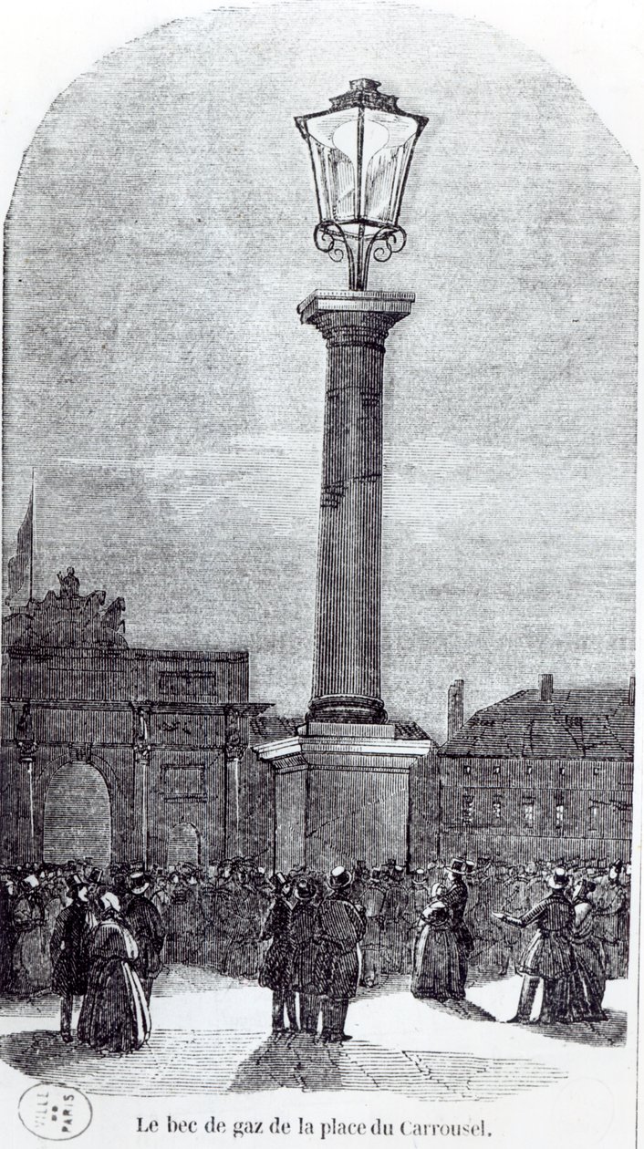 Ensimmäinen kaasulamppu Pariisissa Place du Carrouselissa vuonna 1818 tekijältä French School