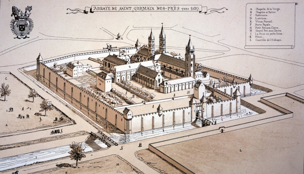 Saint-Germain-des-Présin luostari n. 1520 (värinen kaiverrus) tekijältä French School