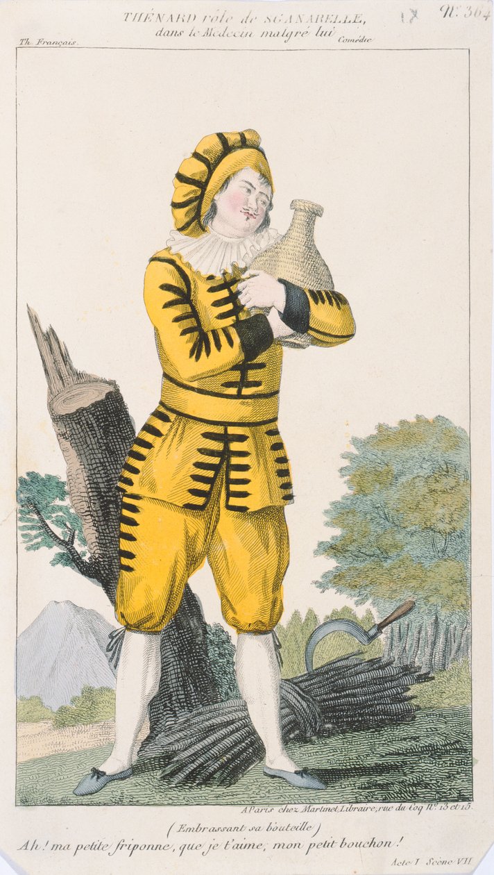 Näyttelijä Thenard Sganarellen roolissa näytelmässä Le Medecin Malgre Lui, tuotettu Pariisissa Comedie Francaisessa, 1800-luvun alussa tekijältä French School