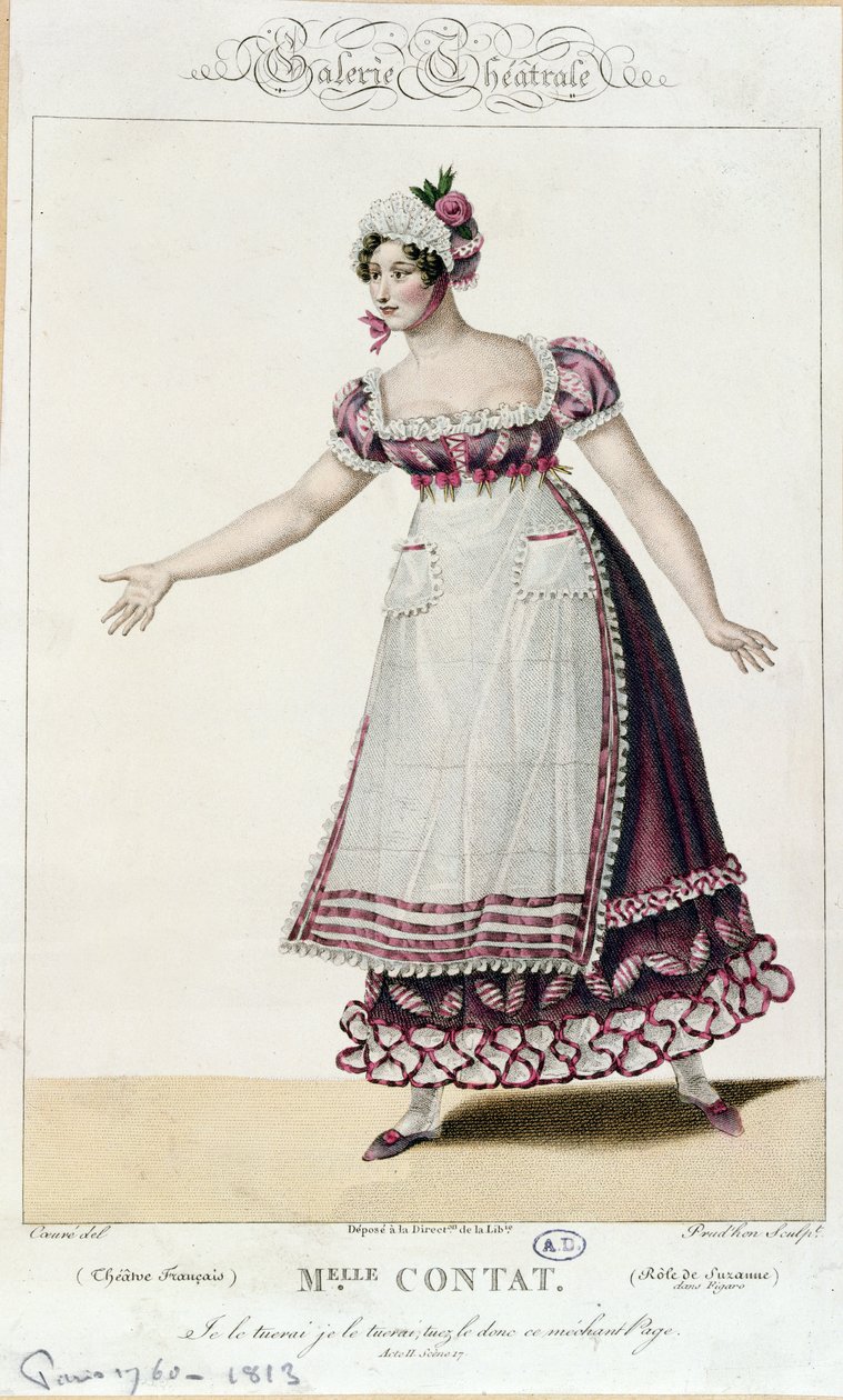 Näyttelijä Mademoiselle Kontakti Suzannen roolissa Pierre Augustin Caron de Beaumarchais