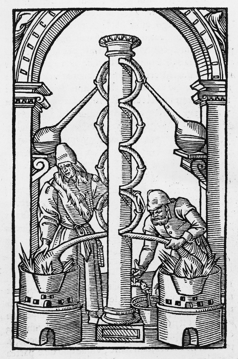 Alkemisti työssä, kopio Philippus Ulstadiuksen Coelum Philosophorum -kuvasta, Pariisi 1544, käytetty "Magian historiassa", julkaistu 1800-luvun lopulla. tekijältä French School