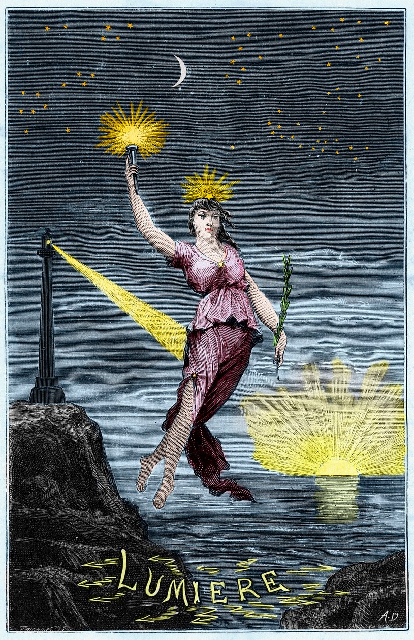 Valon allegoria - Allegorie de la Lumiere - Kaiverrus kirjaan "Kaikkien saatavilla olevat tieteet - fysiikka ja kemia", kirjoittaja Alexis Clerc - 1800-luvun loppu - Yksityinen kokoelma tekijältä French School