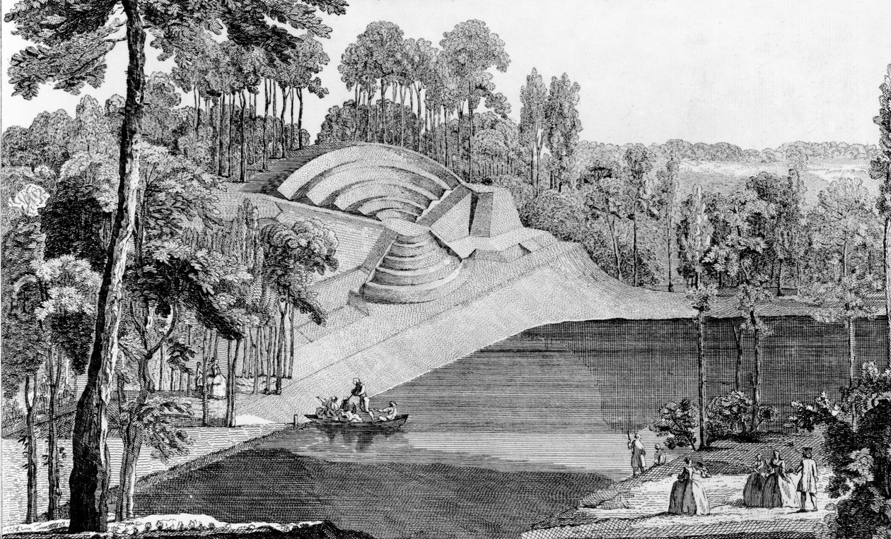 Claremontin amfiteatteri, 6 liigaa Lontoosta, teoksesta Details des Nouveaux Jardins a la Mode, George Louis le Rouge, julkaistu n. 1770-87 tekijältä French School