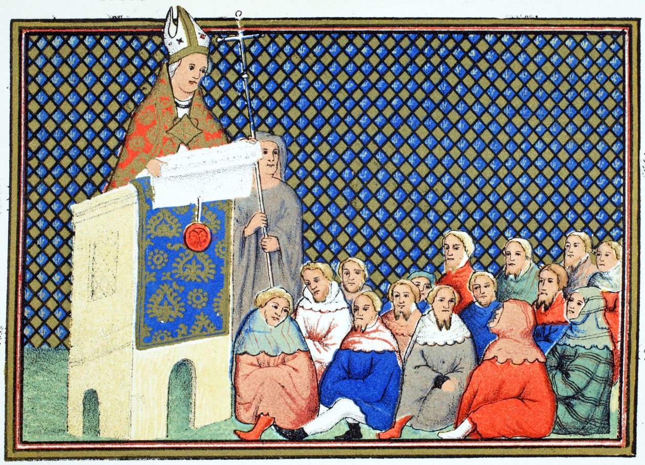 Canterburyn arkkipiispa saarnaa englantilaiselle aatelistolle Richard II:ta vastaan, faksikopio Jean Cretonin Le Prinse et Mort du Roy Richartista, uusintapainos 1800-luvulla tekijältä French School