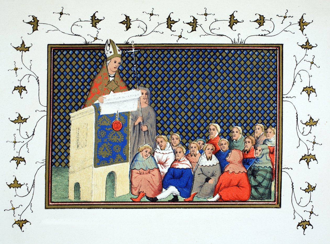 Canterburyn arkkipiispa saarnaa englantilaiselle aatelistolle Richard II:ta vastaan, faksikopio Jean Cretonin Le Prinse et Mort du Roy Richartista, uusintapainos 1800-luvulla tekijältä French School