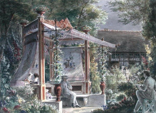 Arkkitehti Jacques Ignace Hittorff (1792-1867) puutarhassaan Pariisissa (guassi paperilla) tekijältä French School
