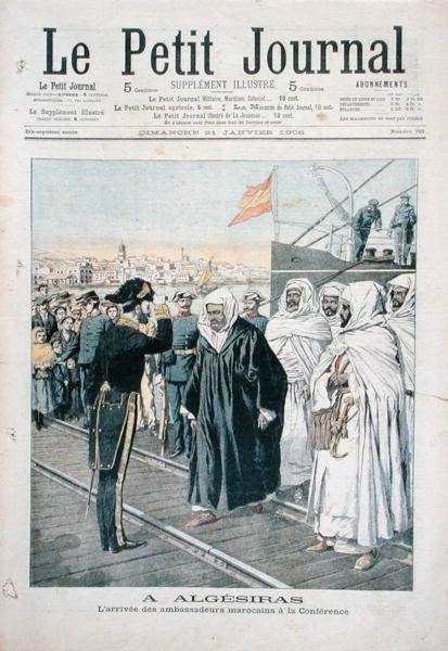 Marokon suurlähettiläiden saapuminen kansainväliseen konferenssiin Algecirasissa vuonna 1906, Le Petit Journalin kansi, 21. tammikuuta 1906 tekijältä French School